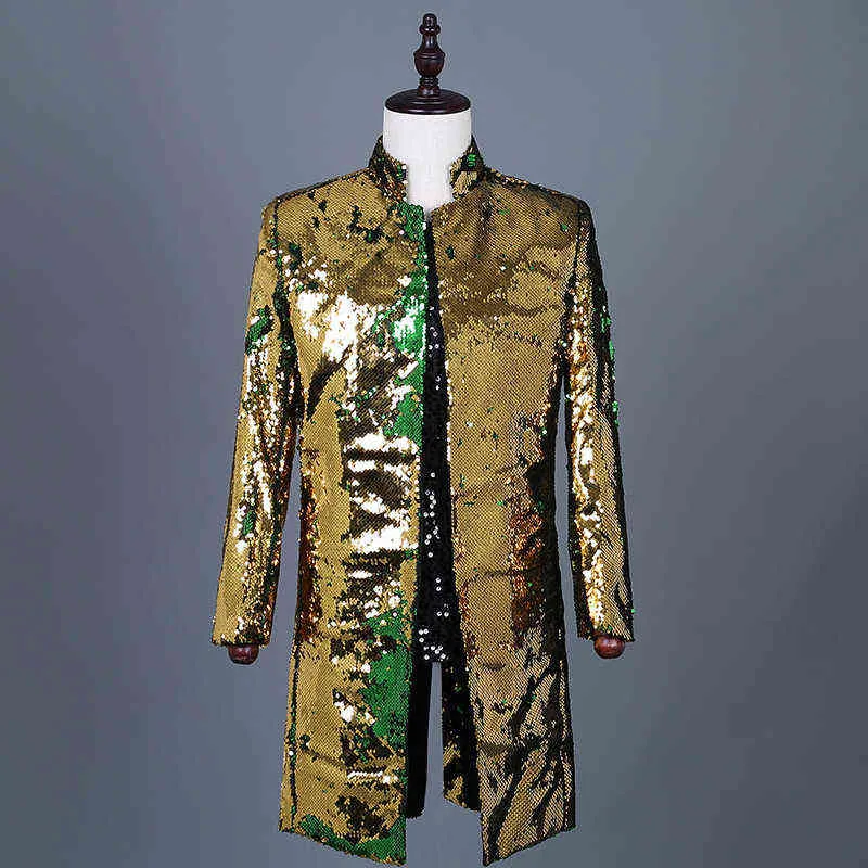 Mens Embellished Sequin Blazer Coat Jackor Glänsande Glitter Flipping Sequins Suit Jacket Stage Party Dance Singer Costume Homme 211120