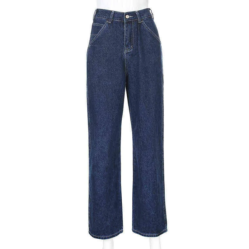 Retro blauwe vrouw jeans causale losse baggy hoge taille magere zakken cargo broek rits knop wijde pijpen jeans mujer pantalones 211111