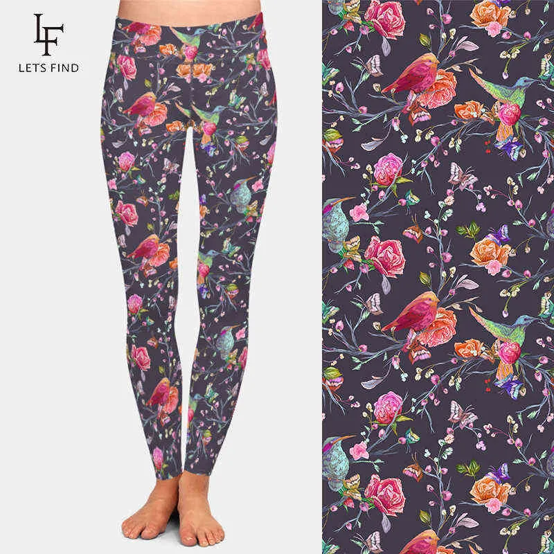 LetsFind Birds Mariposas y flores Impresión digital Mujeres Leggings Elástico Plus Tamaño Soft Fitness Pantalones 210925