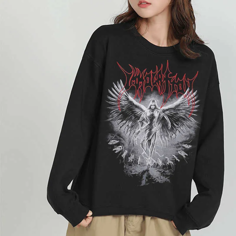 Vintage Angel Gothic Ladies Hoodie Punk Harajuku Vinter Print Top Dark Aesthetic Fairy Death Rock Style Y2K Sweatshirt 210928