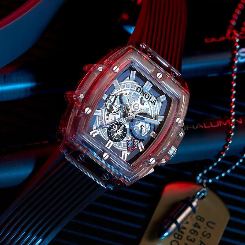 Wristwatches Transparent Case Large Square Quartz Watch Men's Sports Unique Wear Domineering Luxury Quality Wristwatch Clock 3196