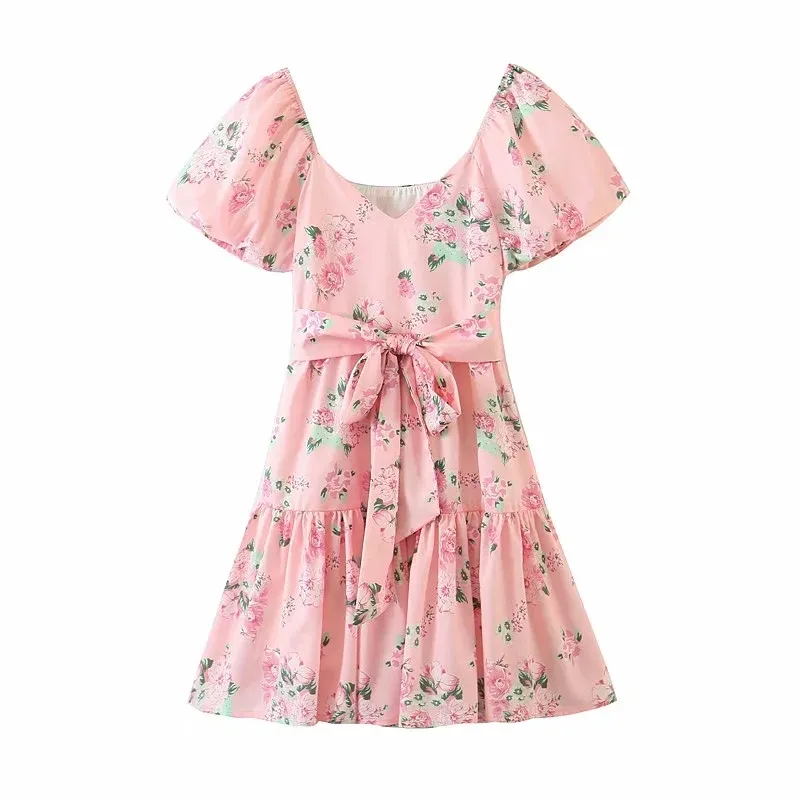 Foridol Bowknot Print Boho Summer Dress for Women Puff Sleeve Vintage Floral Dress Beach Short Mini Pink Dress Vestidos 210415