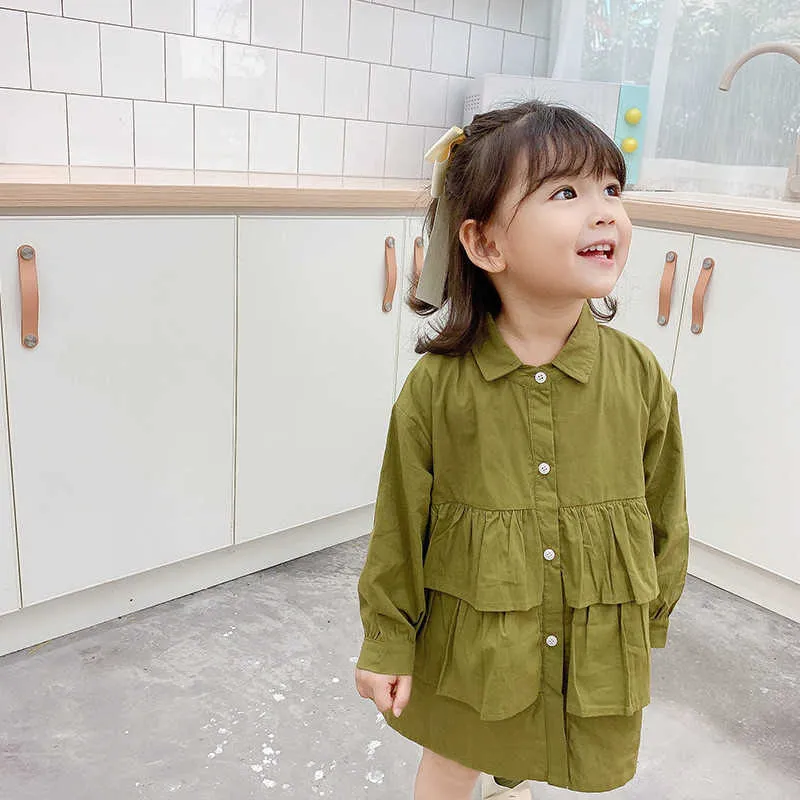 Осенние детские девушки мода рюфля негабаритные зеленые рубашки платье корейский стиль длинные рубашки девушка свободная повседневная одежда 210615