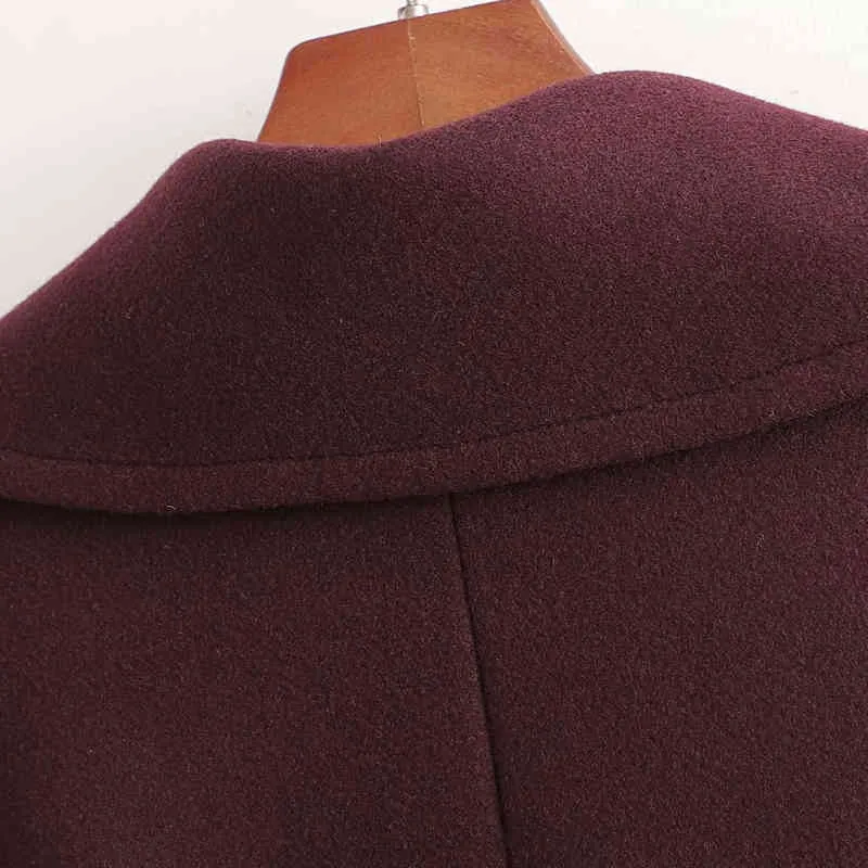 カジュアルな女性のブルゴーニュの緩いウールのコートファッションレディース秋特大のポケットアウターメスエレガントな暖かいジャケット210515