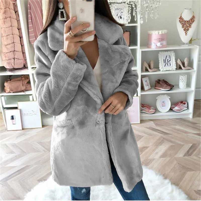 Vinter Faux Fur Coat Kvinnor Elegant Solid Slå ner Krage Plush Jacket Knapp Ficka Lös Varm Fake Lady Casual 210526