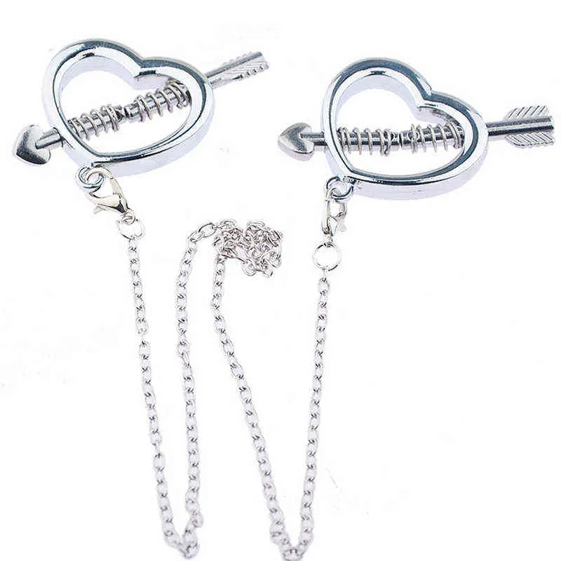 Nxy Sex Pump Toys Adjustable Stainless Steel Heart Shaped Breast Nipple Clamps Clips Metal Chain Torture Restraint Bdsm 1221