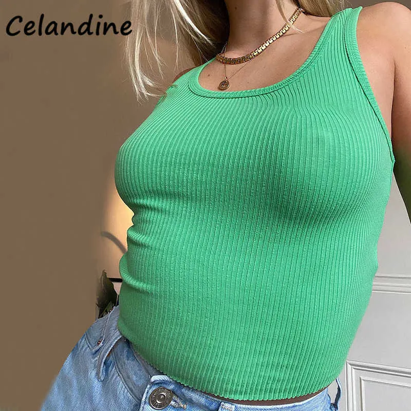 Celandine Fashion Summer Casual Orange Kvinnor 2021 Y2K Skinny Tank Tops Off Shoulder Club Sexy Basic Stickad Beskuren T-shirt Toppar Y0622
