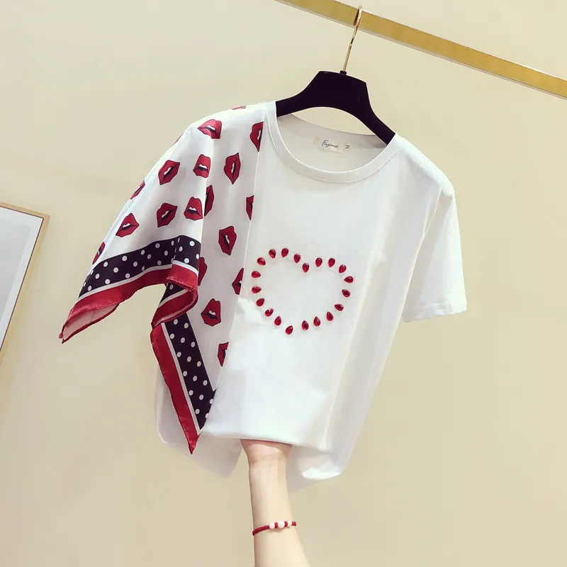 Revidbo T 셔츠 여성 패치 워크 캐주얼 O 넥 섹시한 티셔츠 여성 스카프 빨간 입술 면화 셔틀 Femme 큰 크기 흰색 티셔츠 탑 210330