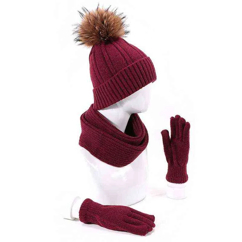 Hommes Femmes Tricoté Bonnet Chapeau Écharpe Gants Ensemble Hiver Chaud Faux Boule Pom Y1qd