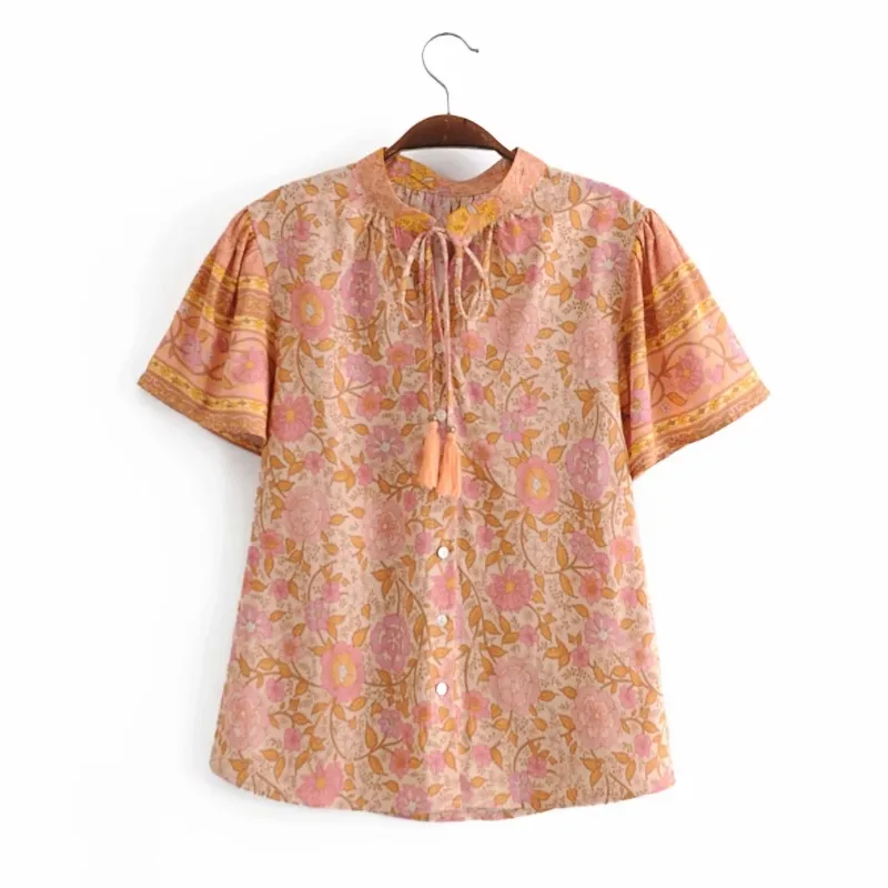 Spring Women Flower Printing Puff Sleeve Shirt Ethnic Style Smock Female Stand Collar Blouse Lady Loose Tops Blusas S8590 210430
