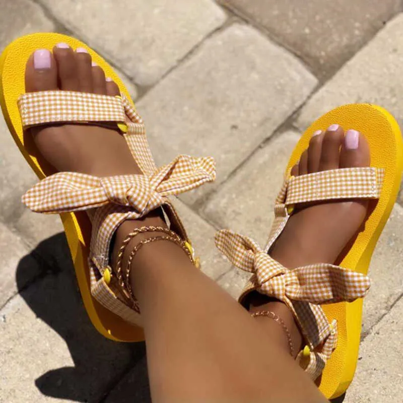 2021 di Estate Delle Donne Sandali di Modo Carino Bowknot Solido Della Signora Casual Percalle Design a Quadri Comfort Scarpe Appartamenti Femminili Y0721