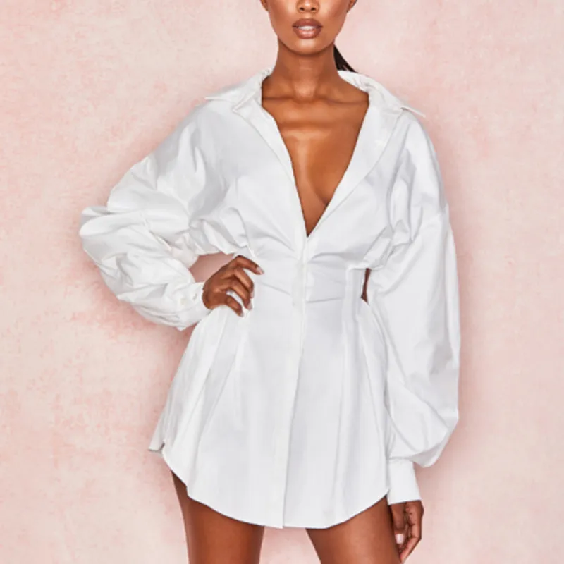 여성 드레스 큰 오픈 V 넥 턴 다운 칼라 솔리드 컬러 착용 및 플레어 높은 허리 우아한 패션 의류 210522