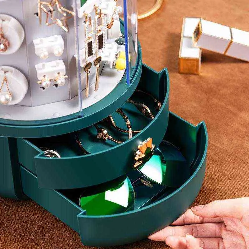 Jewelry Storage Box Makeup Organizer Earring Display Stand Bracelet Necklace Plastic Large Capacity 360 Degree Rotation 211102