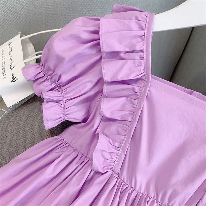 2021 été filles robe mode enfants vêtements manches bouffantes à volants robe de princesse mignon violet enfants robe sans arc Q0716