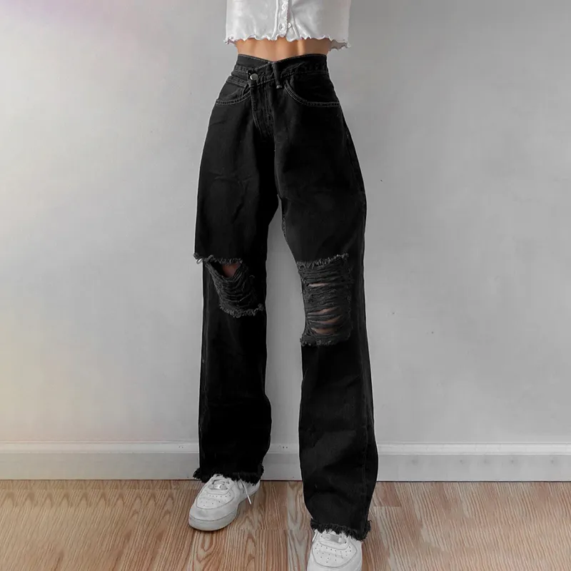 Yüksek katlı kadın kot y2k cadde sıkıntılı denim pantolon yırtık düz püskül kargo pantolonlar rahat gevşek anne jean 220217