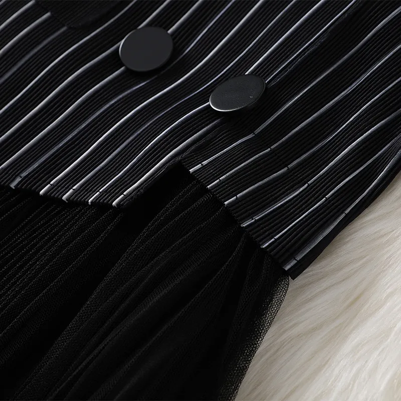 2021 Summer Short Sleeve Notched-Lapel Black Striped Tulle Panelled Pleated Double-Breasted Dress Elegant Casual Dresses XXL 21Q088B236239241242