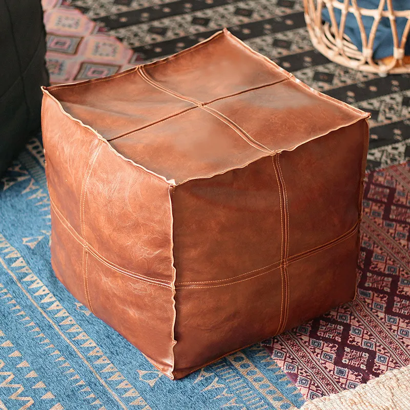 Pouf marocain en cuir PU broder artisanat Simple canapé pouf repose-pieds grand 45cm cuir artificiel coussin non rembourré