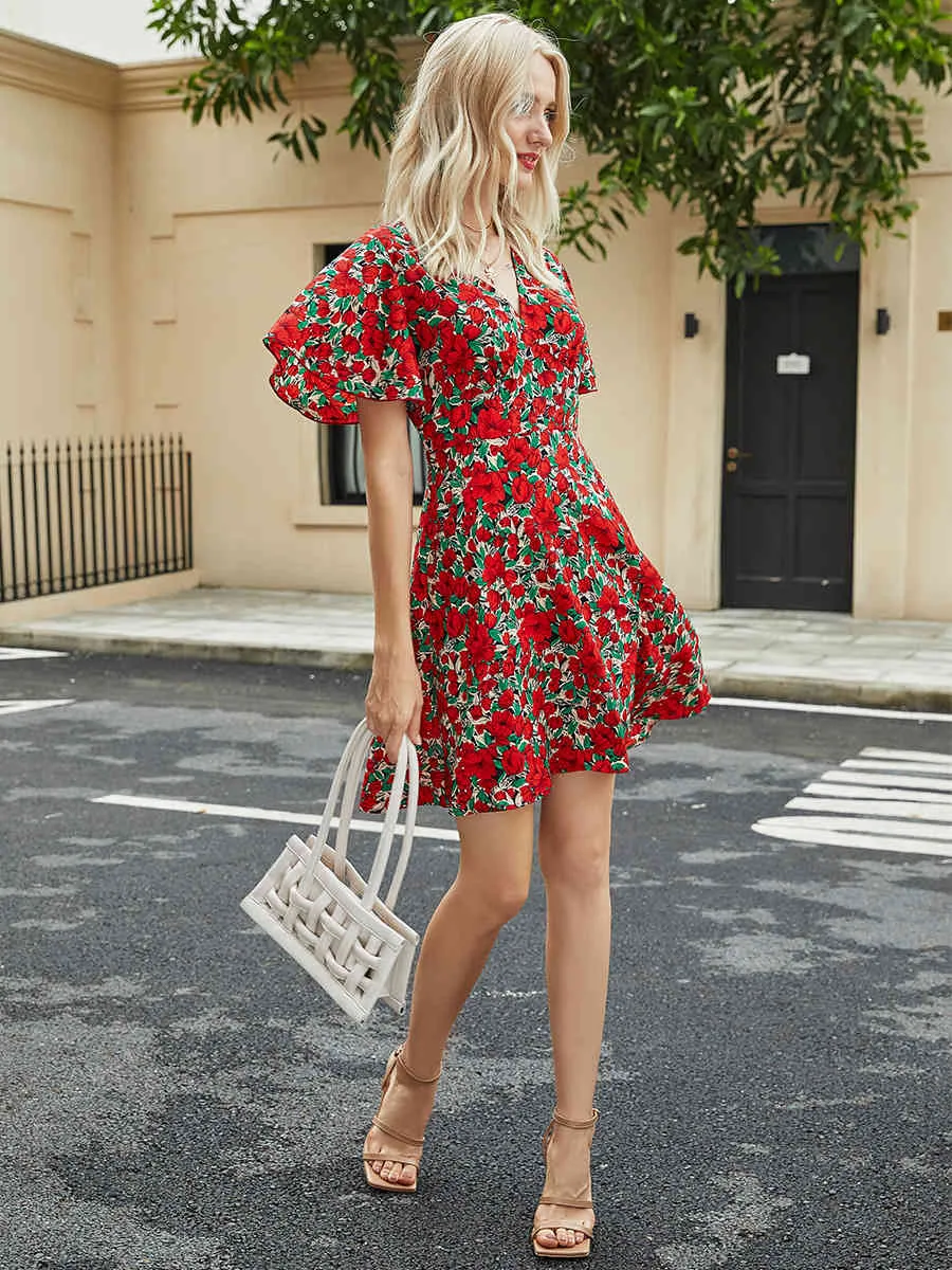 Sommer Rotes Blumenkleid Frauen V-Ausschnitt Minikleid Lässiger Druck Schmetterlingsärmel Urlaub Chic Lady Swing Kurzes Kleid Vestidos 210521