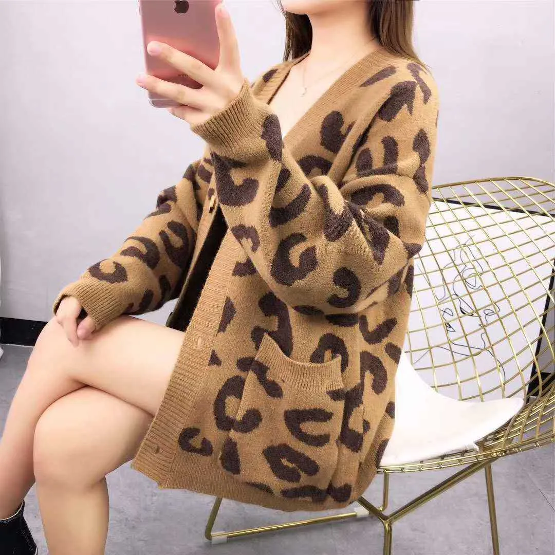 Harajuku Oversized Sweater Autumn Winter Leopard Cardigan Casual Loose Female Knitted Open Stitch V-neck Jumper C-221 210812
