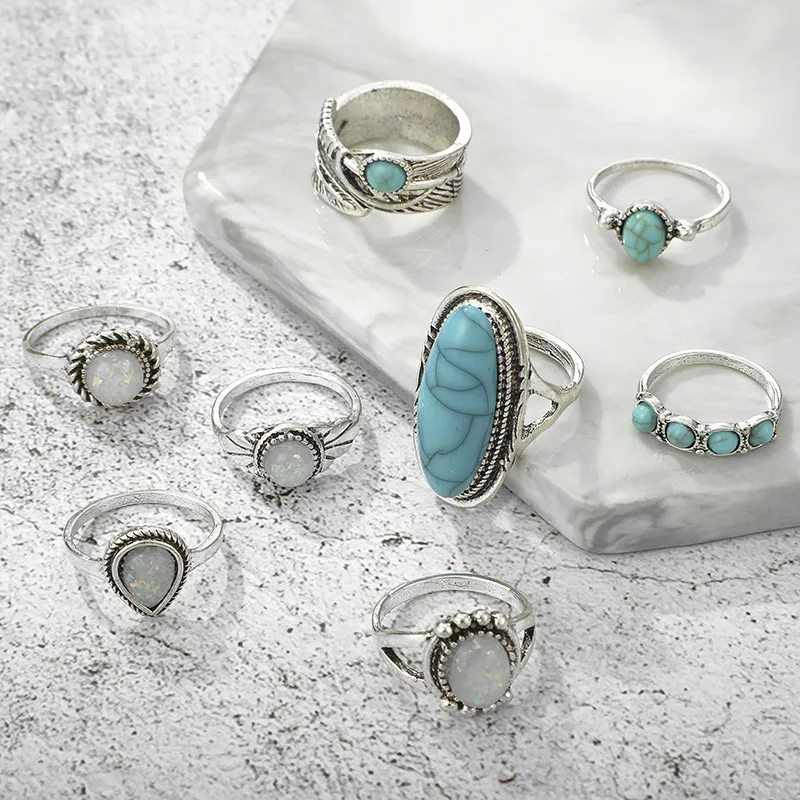 Turquoise w stylu etnicznym rzeźbiony Pierścień Pierścień Moda Osobowość 8-częściowa kombinacja zestawu pierścienia