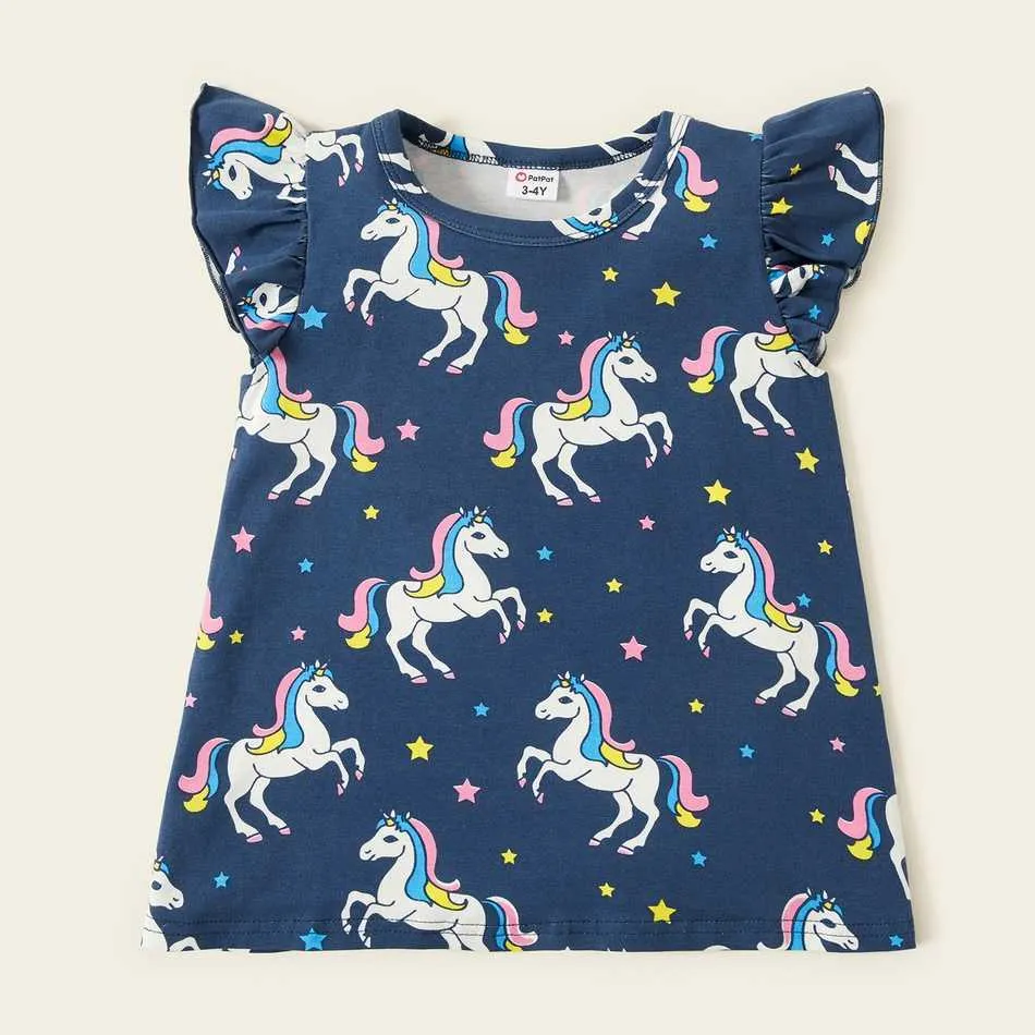 Arrivée Summer 3 pièces Enfant Licorne Rainbow Tees à volants Set Vêtements pour enfants 210528