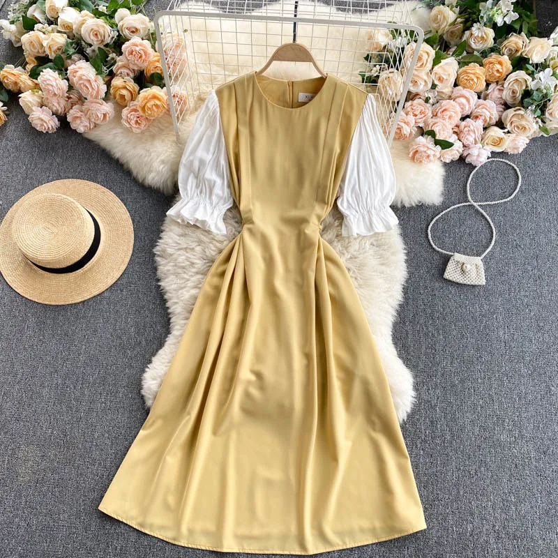 Singreiny Women Franska Solid Klänning Elegant Söt Puff Sleeve O Neck A-Line Office Klänningar Sommar Fashion Streetwear Midi Dress 210419