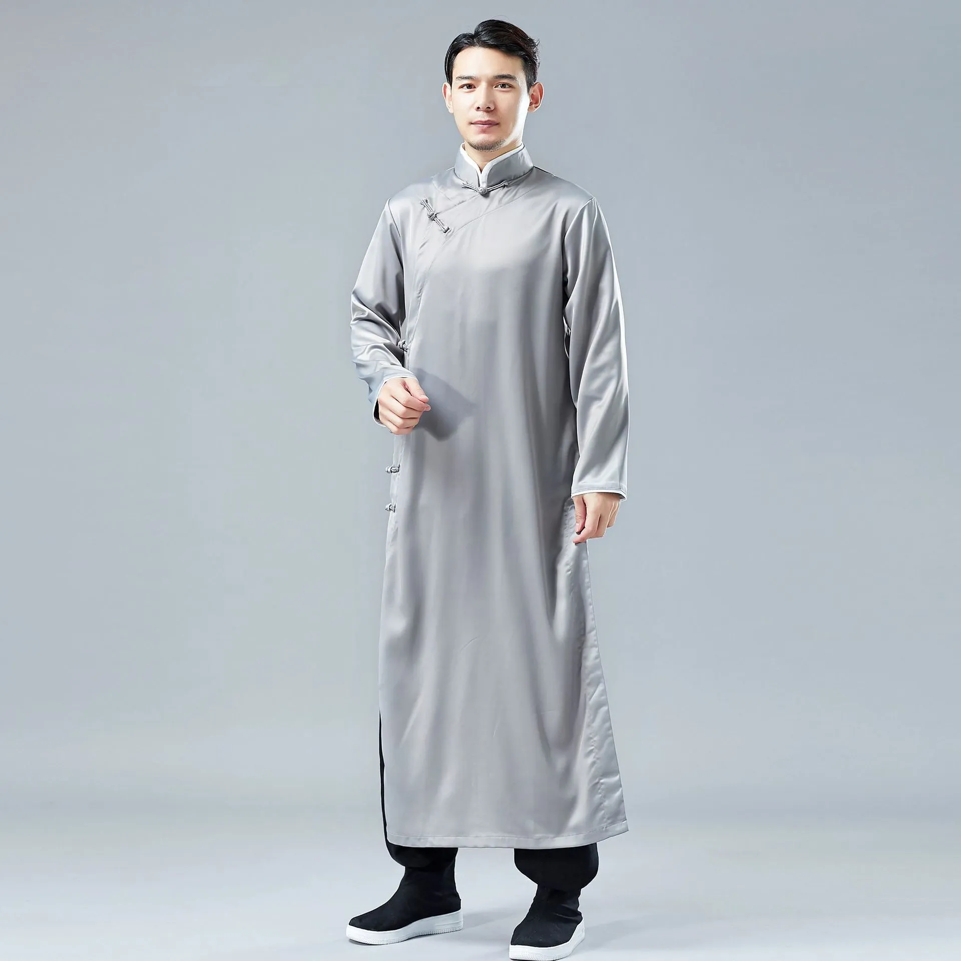 IEFB /men's wear spring satin gown robe Chinese style national costume long sleeve vent hem clothes 9Y1242 210524