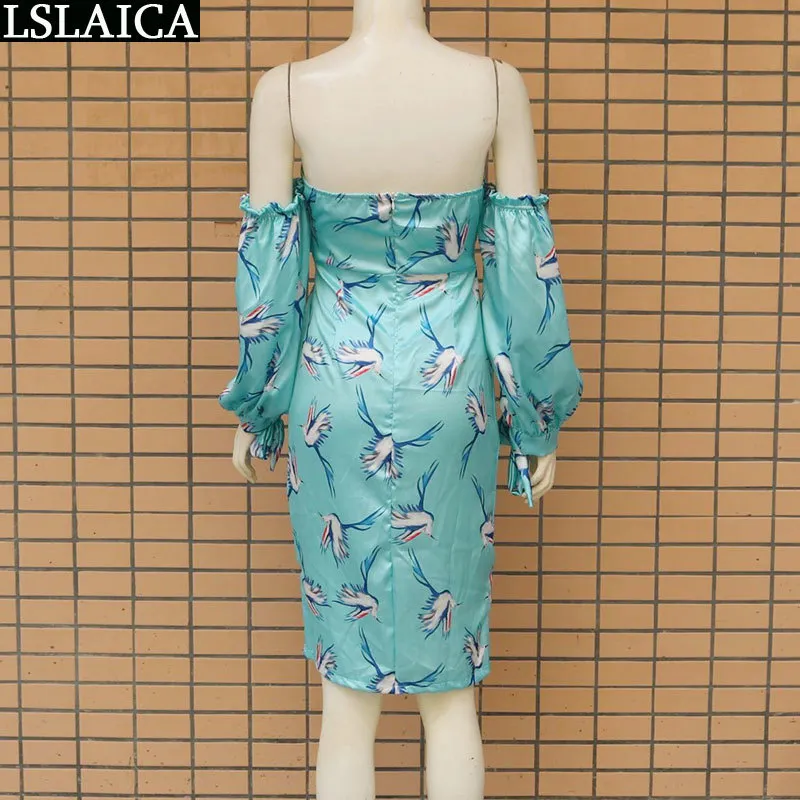 Party dress off the shoulder Red-crowned Crane print backless fashion sexy female long sleeve bandage bodycon ladies 210515