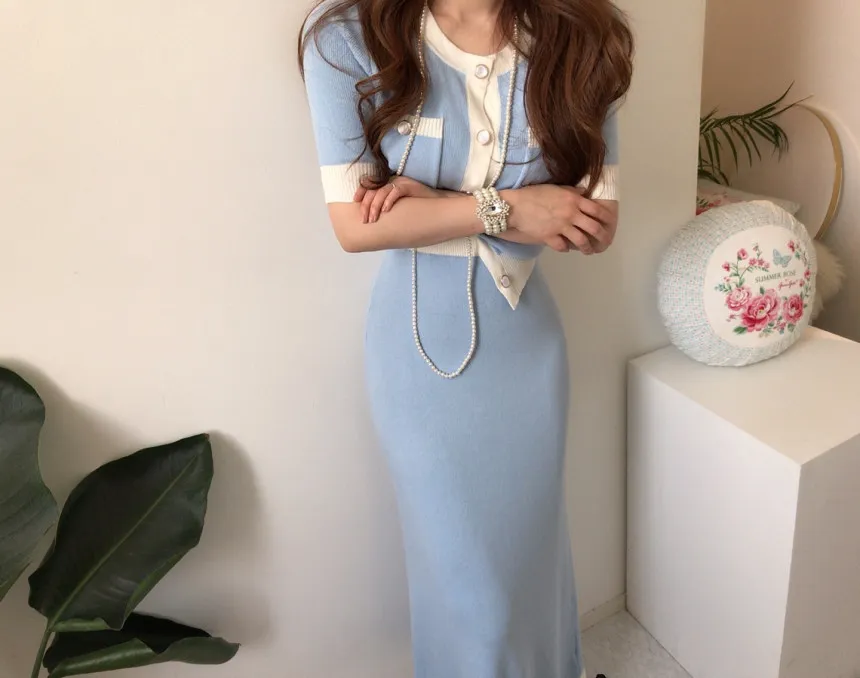Conjuntos de dos piezas de punto elegante coreano para mujer, cárdigans de manga corta + falda larga con cintura elástica, trajes de moda para mujer 210514