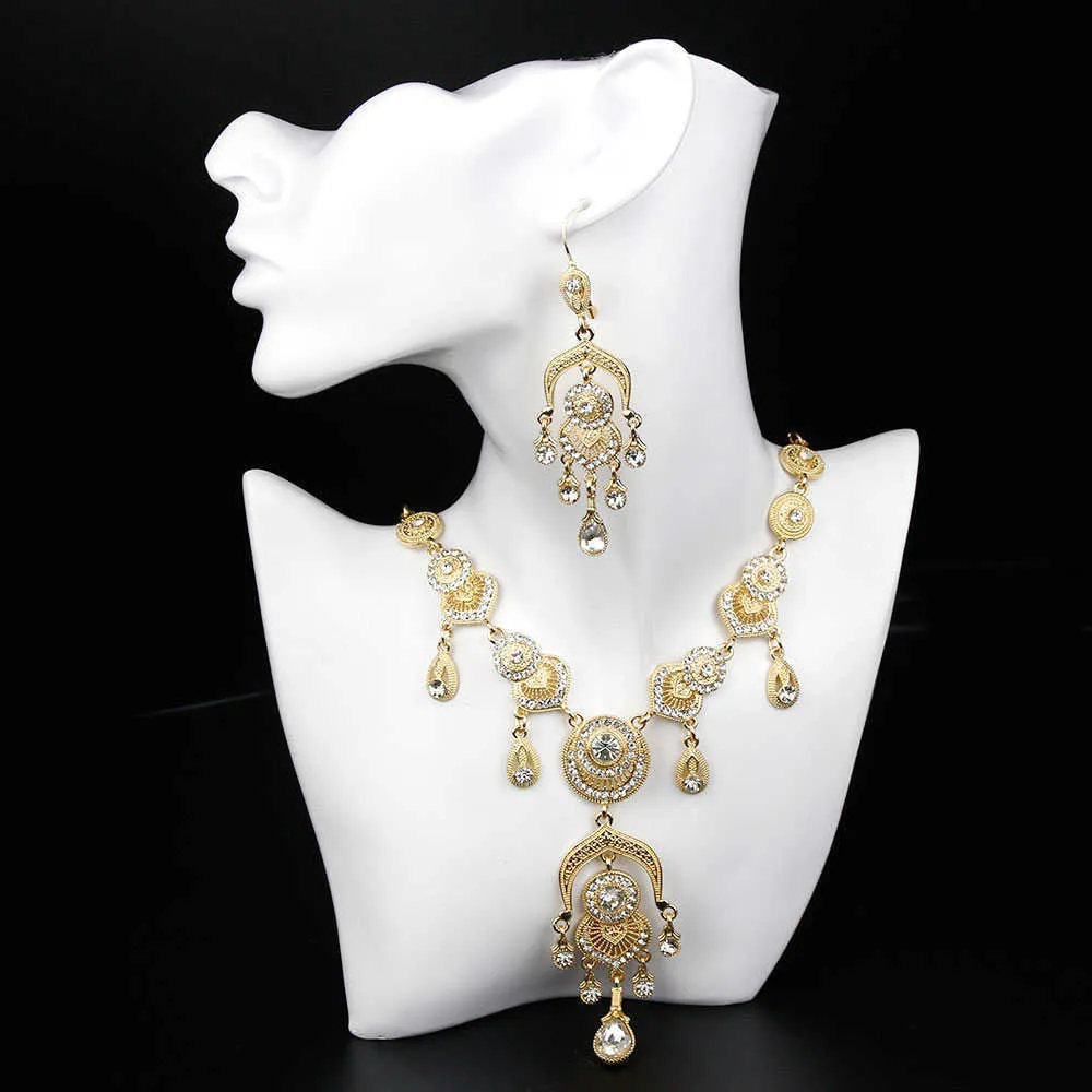 Sunspicems Marocco Sposa Set di gioielli da sposa Colore oro Donne africane Collana lunga fiore Orecchino Gioielli in cristallo indiano 2021 H1022