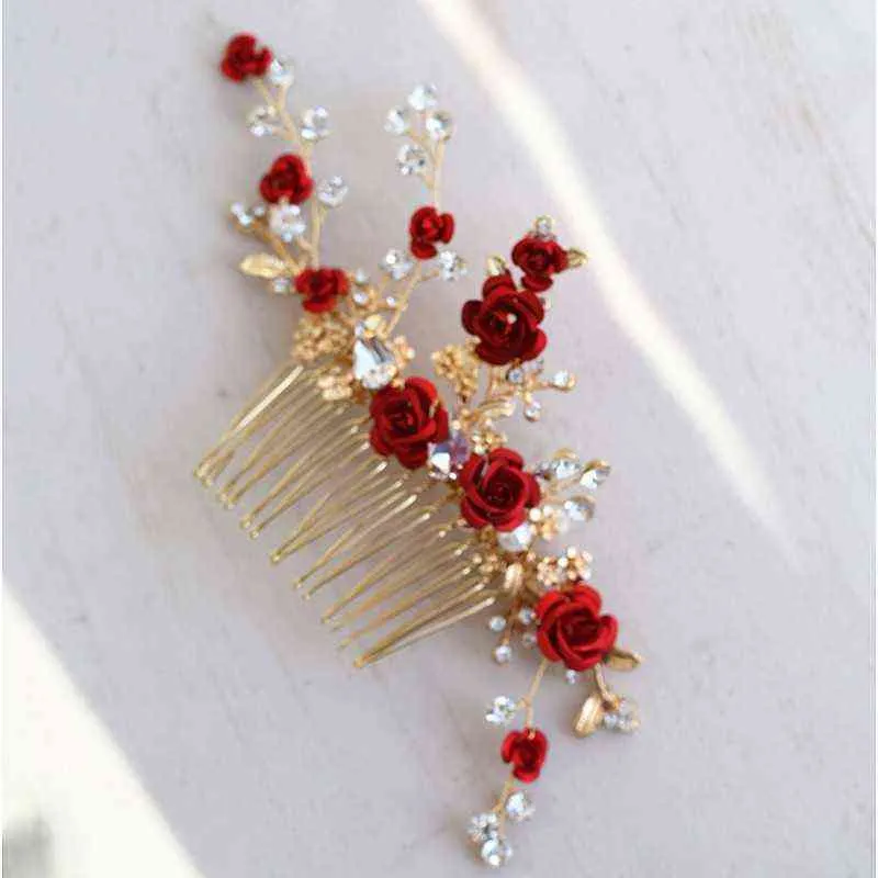 jonnafe Red Rose Floral Headpiece for Women Prom Bridal Comb Combors Expensions Handmade Wedding Jewelry 2201251283052