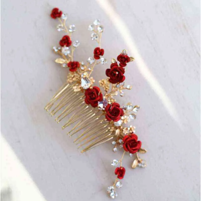 Jonnafe rosa vermelha floral headpiece para mulheres baile de formatura nupcial pente de cabelo acessórios jóias de casamento artesanal 2201251283052