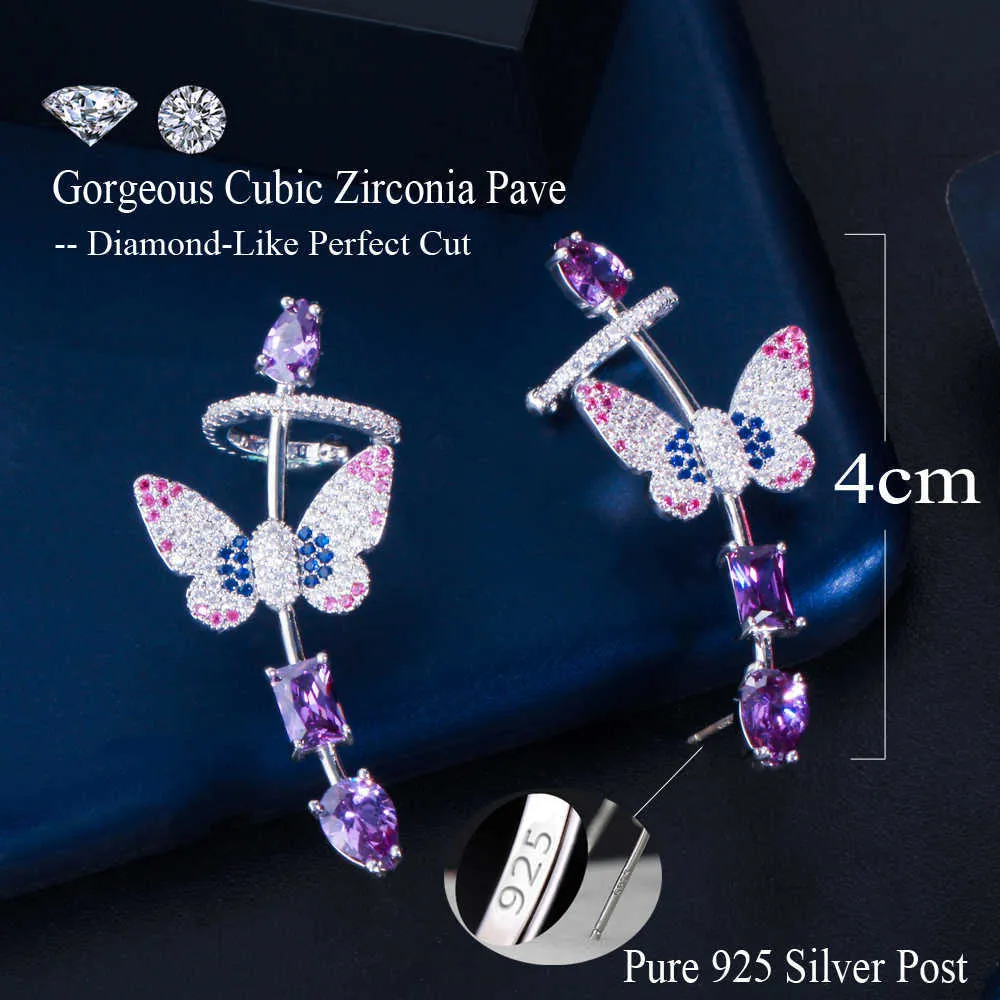 Symmetrical Purple Cubic Zirconia Lovely Butterfly Ear Cuff Climber Stud Earring for Women Fashion Punk Jewelry CZ874 210714