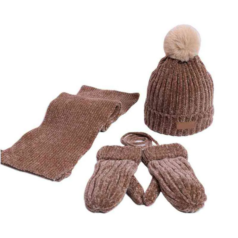 Enfants 3 pièces hiver chaud bonnet chapeau longue écharpe gants ensemble Chenille velours tricot peluche doublé couleur unie pompon crâne casquette