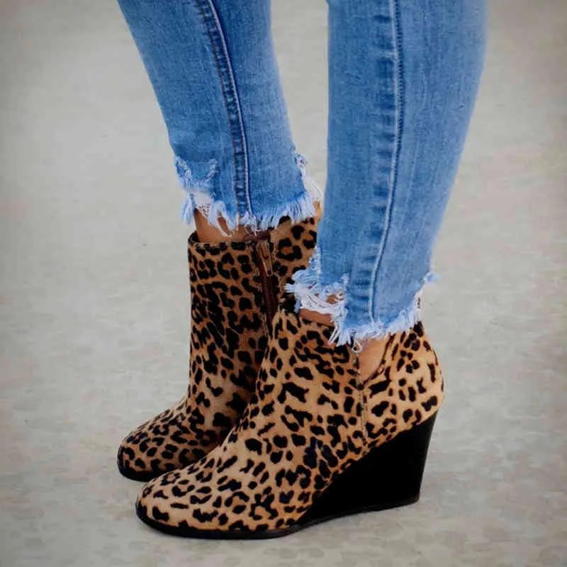 Pointed Toe Booties Winter Women Leopard Ankle Boots Lace Up Footwear Platform High Heels Wedges Shoes Woman Bota Feminina X04249090504
