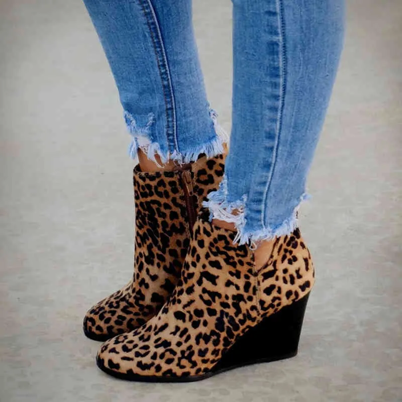 Pointed Toe Booties Winter Women Leopard Ankle Boots Lace Up Footwear Platform High Heels Wedges Shoes Woman Bota Feminina X04242146548