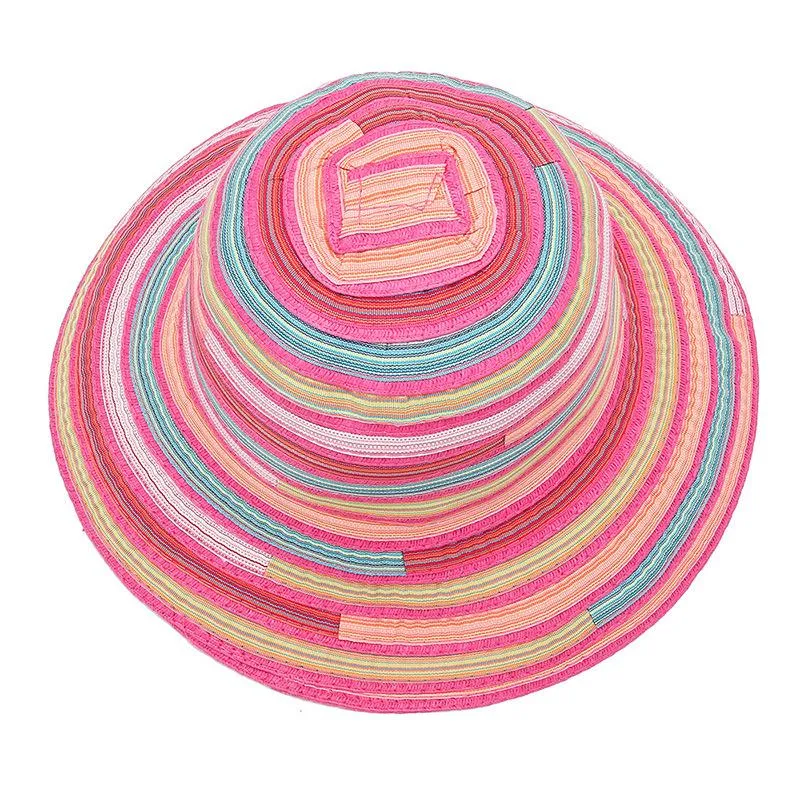 Шляпа рыбака Женская летняя складная солнце -радужная полосатая ткань красочная солнцезащитная женщина пляжная праздничная идиллическая повседневная кепка широко