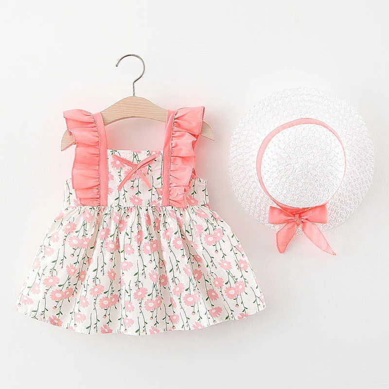 2021 estate neonato vestito dalla ragazza infantile casual stampato abiti da principessa le ragazze compleanno vestito con cappello abbigliamento abiti Q0716