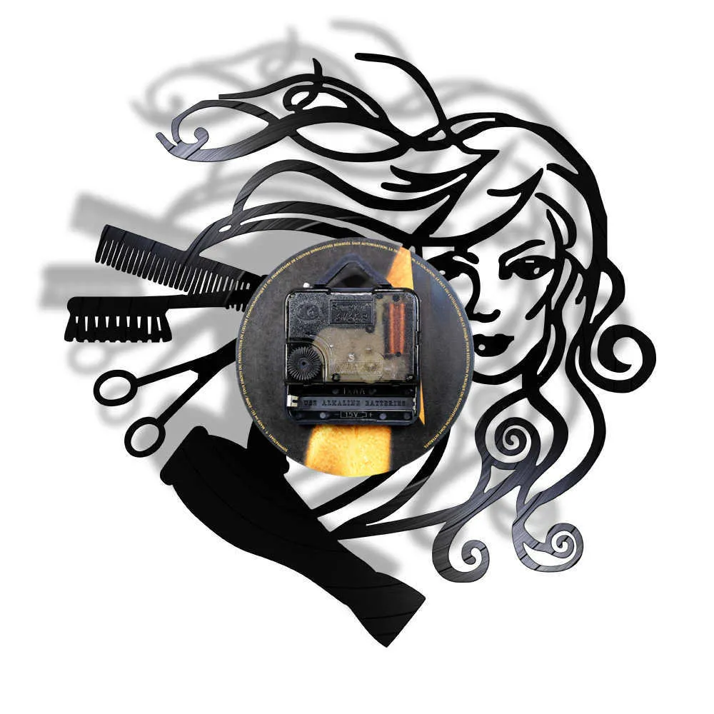 現代の理髪店ホップビニールレコードLEDの壁ライト時計ぶら下がっている美容院腕時計Zegar Scienny for髪型美容院210724