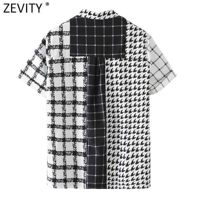 Femmes Vintage Houndstooth Patchwork Imprimer Plaid Casual Smock Blouse Bureau Lady Chemise à manches courtes Chic Blusa Tops LS9145 210420