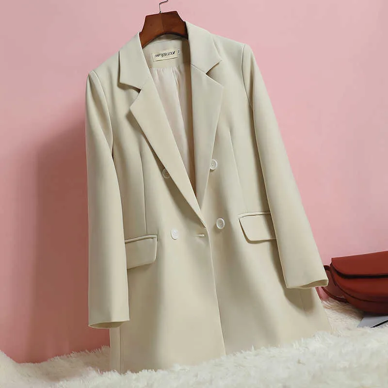 High-end Women's Jacket Loose Mid-length Small Suit Female Casual Long Sleeve Ladies Blazer Double Breasted Office Coat 210527