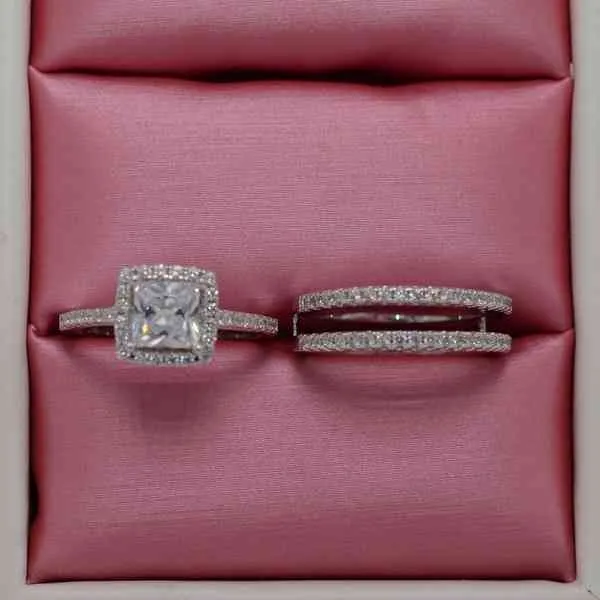 Luxo feminino branco aaa zircão anel de casamento conjunto moda 925 prata cheia jóias promessa anéis de noivado para women9203999