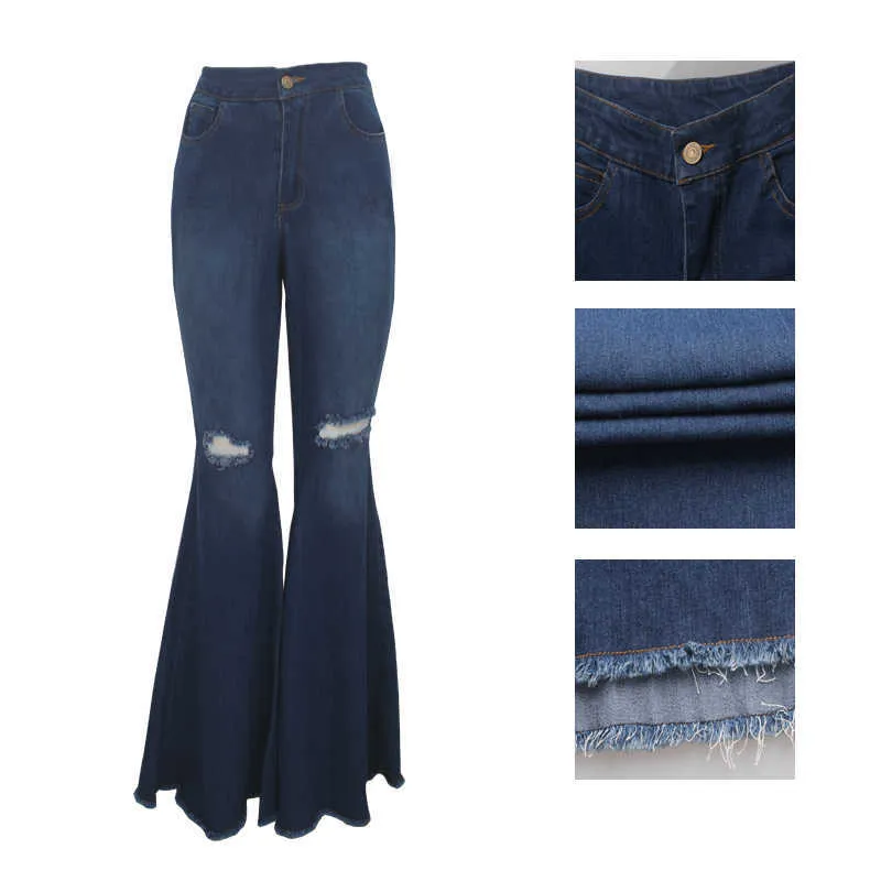 Tsuretobe mode denim flare broek vrouwen retro gescheurd jeans wijd been broek dame casual bell-bodems broek vrouw 210922