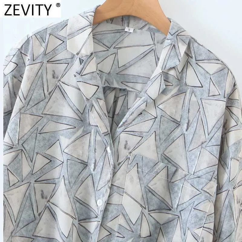 Zevity Femmes Vintage Géométrique Pirnt Ourlet Noué Smock Blouse Femme Col Encoché Kimono Chemises Chic Blusas Tops LS7673 210603