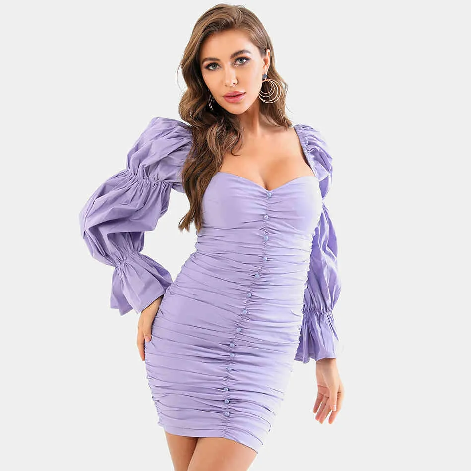Robe drapée violette pour femmes gratuites, sexy, col carré, manches bouffantes, simple boutonnage, moulante, club, mini 210524