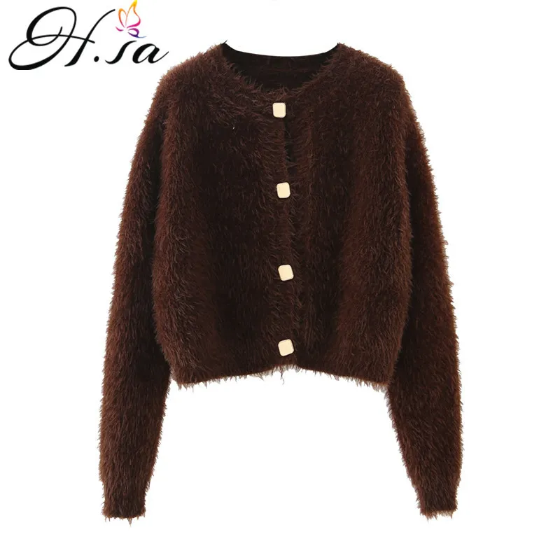 H.SA Women Casual Soft Warm White Cardigans Long Sleeve Tops ropa mujer Black Mohair Sweater Coat 210417