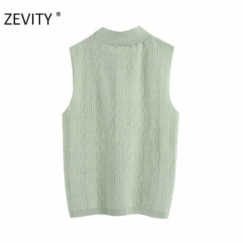 ZEVITY femmes mode col montant fleur broderie tricoté blouse dames sans manches gilet chemise mince chic blusas hauts LS7093 210603