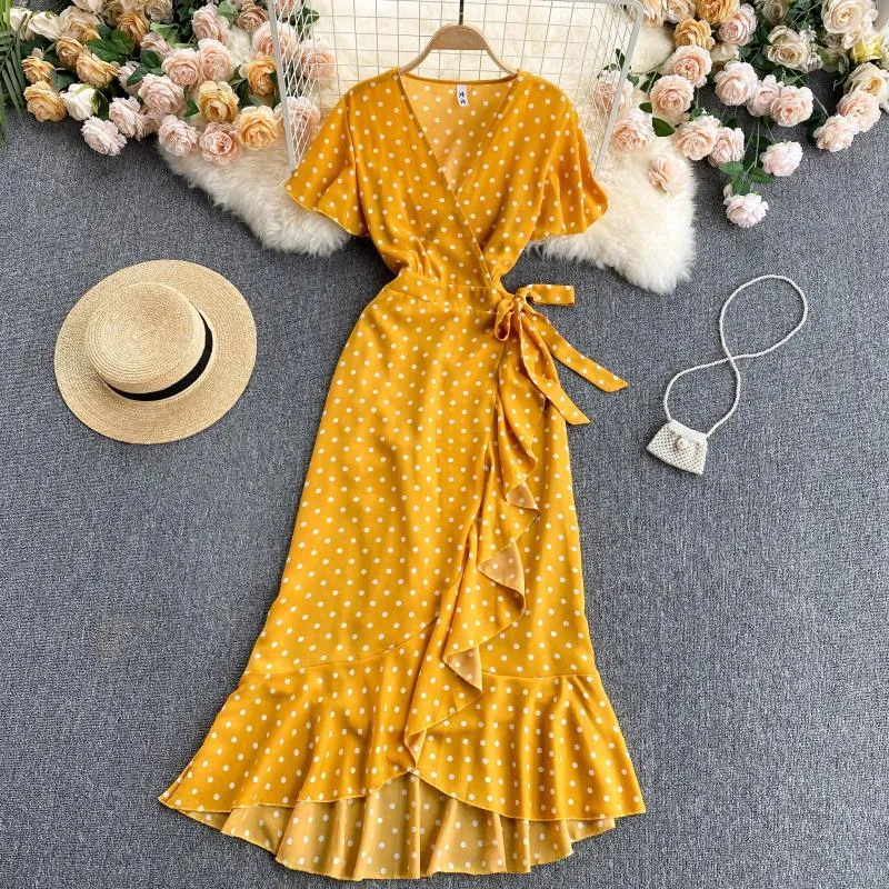 SINGREINY Retro Polka Dot Wrap Dress Women V Neck Short Sleeve A-line Sundress Summer Bohemian Irregular Ruffles Long Dresses 210419
