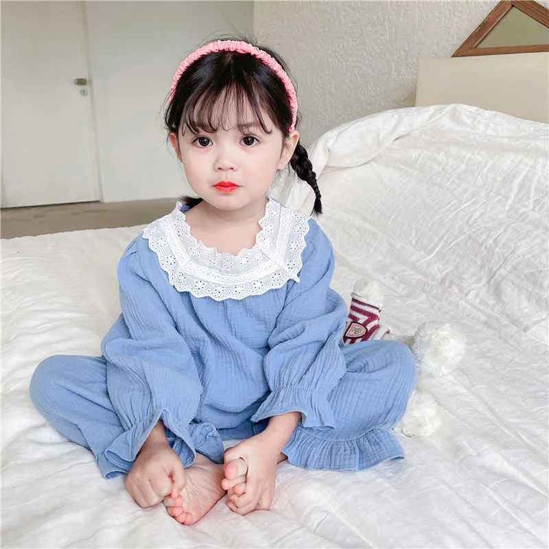 Spring Baby Pajamas à manches longues en coton de coton Peter Pan Collier haut + pantalon Homewear Kids Outfits E0030 210610