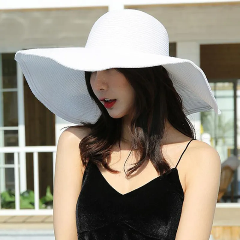 HT3062 Fashion Big Big Wide Brim Cappello Solido Pianura Pianura Floppy Beach Sole Cappello Pacchettibile Estate Cappelli Le Donne Lady Straw Hat Beach Cap 220301